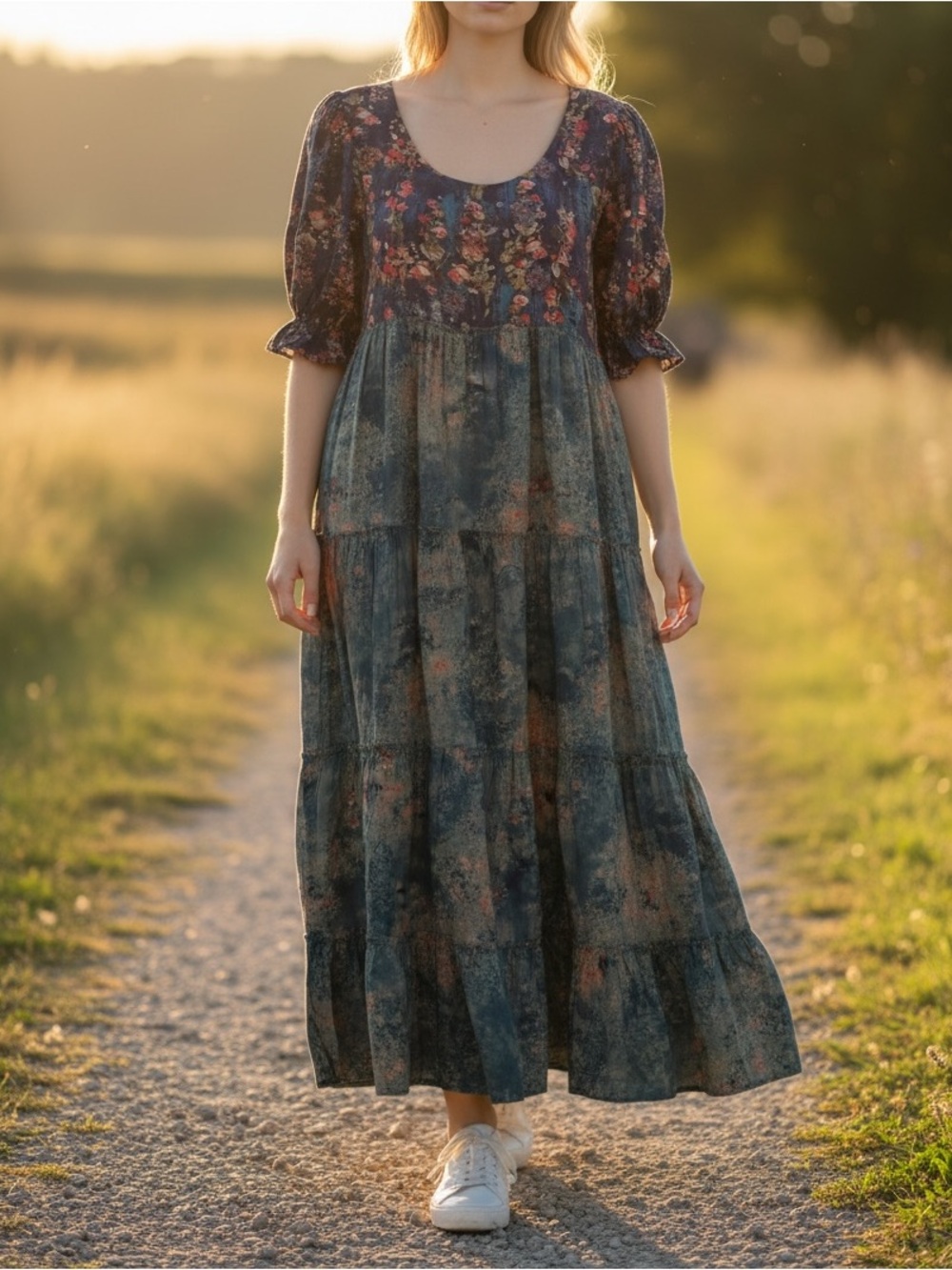 Natural Life Floral Abstract Tiered Ruffle Short Sleeve Boho Maxi Dress